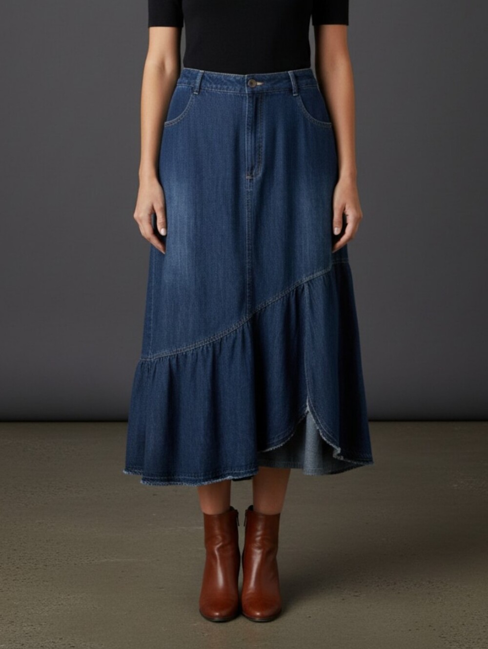 Studio West Dark Blue Denim Midi Skirt